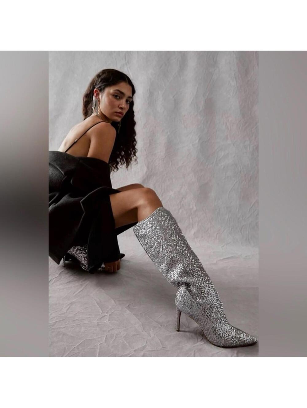 Free People x Vicenza Palma After Midnight Silver Knee high Sequin Boots — Sz 9